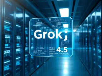 Futuristic data center with holographic Grok 4.5 display