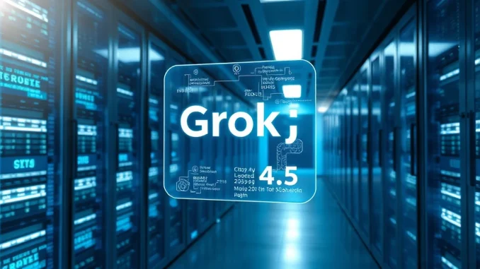 Futuristic data center with holographic Grok 4.5 display