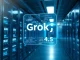 Futuristic data center with holographic Grok 4.5 display