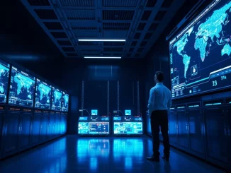 Security analyst monitoring bot detection software in a modern data center control room