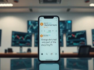 Smartphone displaying Michael Saylor's Bitcoin strategy post with financial charts in background