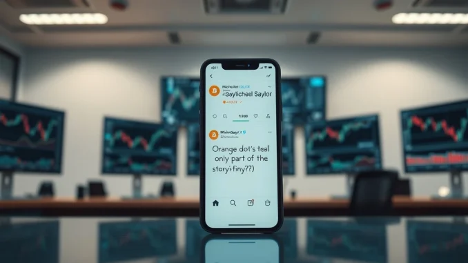 Smartphone displaying Michael Saylor's Bitcoin strategy post with financial charts in background