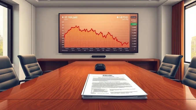 Corporate boardroom with Bitcoin price chart and Strategy capital framework document