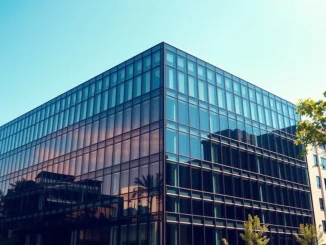 Modern office building in Nairobi with digital network overlays representing blockchain and tokenization