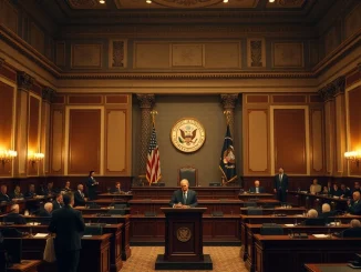 US Senate chamber with a senator speaking at a podium during a legislative session.