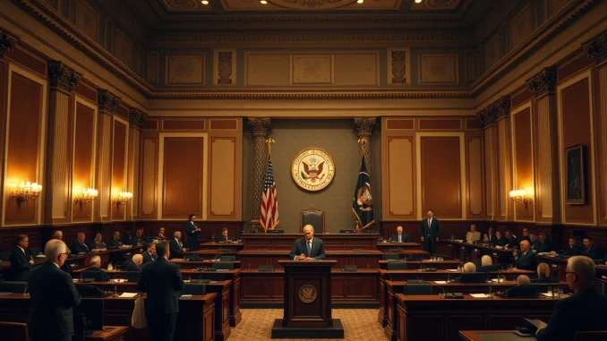 US Senate chamber with a senator speaking at a podium during a legislative session.