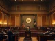 US Senate chamber with a senator speaking at a podium during a legislative session.