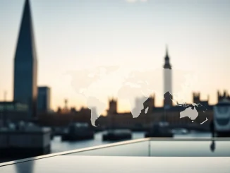 Digital tablet displaying a world map with glowing payment routes, with London skyline in background.
