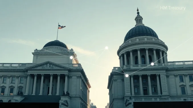US Treasury and UK Treasury buildings connected by digital network symbolizing transatlantic crypto regulation alignment