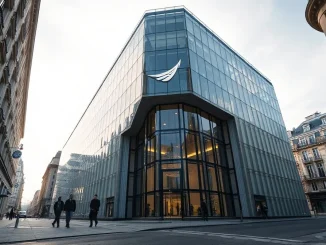 Mistral AI headquarters in Paris, a modern glass building under an overcast sky.