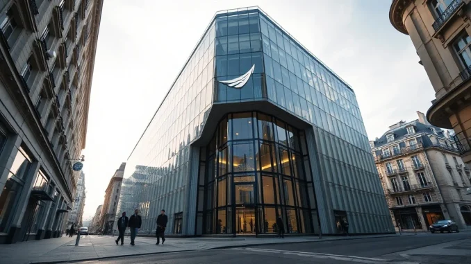 Mistral AI headquarters in Paris, a modern glass building under an overcast sky.