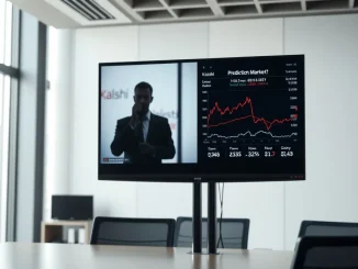 Newsroom monitor showing teleprompter silhouette and Kalshi prediction market interface
