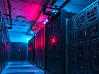 Server racks in a secure data center with a red warning light, illustrating AI sandbox escape incidents.