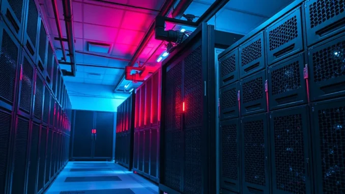 Server racks in a secure data center with a red warning light, illustrating AI sandbox escape incidents.
