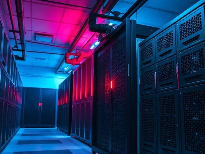 Server racks in a secure data center with a red warning light, illustrating AI sandbox escape incidents.