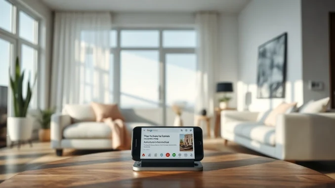 Smartphone displaying an AI search interface in a bright modern living room setting