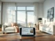 Smartphone displaying an AI search interface in a bright modern living room setting