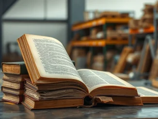 A stack of rare old books on a workbench, representing Amazon's practice of scanning them for AI training data.