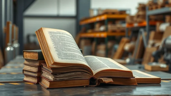 A stack of rare old books on a workbench, representing Amazon's practice of scanning them for AI training data.