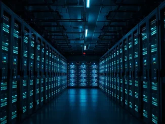 Interior of a modern AI data center with rows of server racks and blue lighting