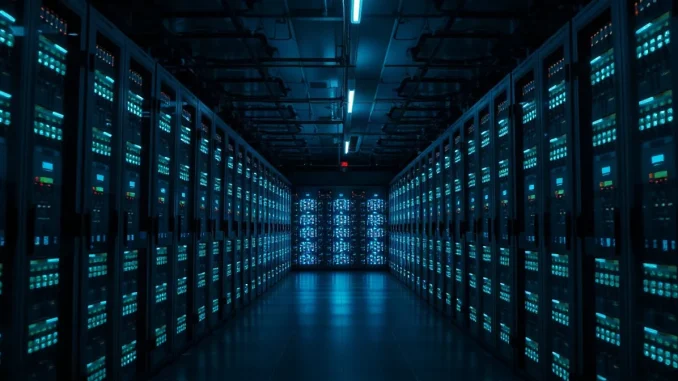 Interior of a modern AI data center with rows of server racks and blue lighting