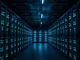 Interior of a modern AI data center with rows of server racks and blue lighting