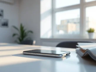 Smartphone displaying a voice assistant interface with a glowing waveform on a desk, representing Apple's Siri AI news integration.