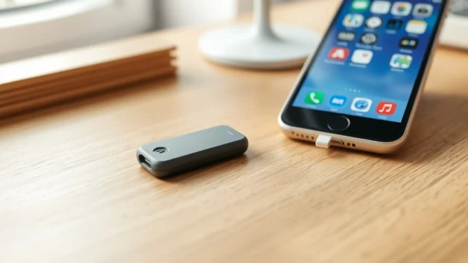 Gray NFC key from Autonomous resting on a wooden desk beside a smartphone