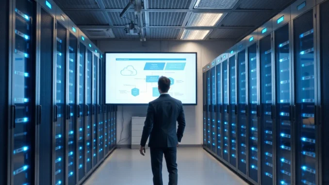 Developer reviewing AI application architecture on a monitor inside a modern enterprise data center