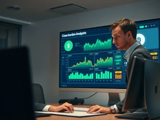 Analyst reviewing stablecoin remittance cost charts on a digital dashboard in a modern office