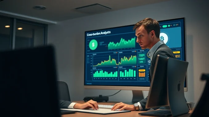 Analyst reviewing stablecoin remittance cost charts on a digital dashboard in a modern office