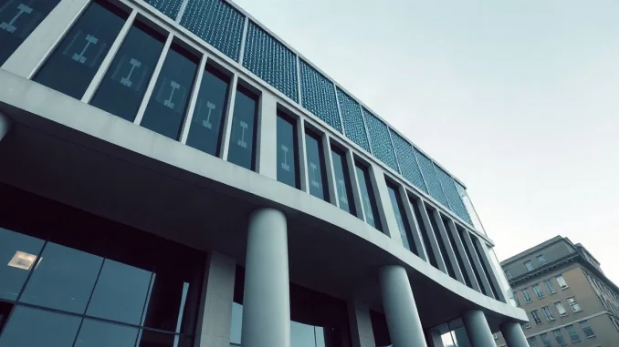 Modern bank building with digital encryption overlay symbolizing quantum-resistant crypto transfers