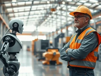 Bill Gates AI policy proposal: a human worker observes a robotic arm in a modern factory, illustrating the robot tax debate.