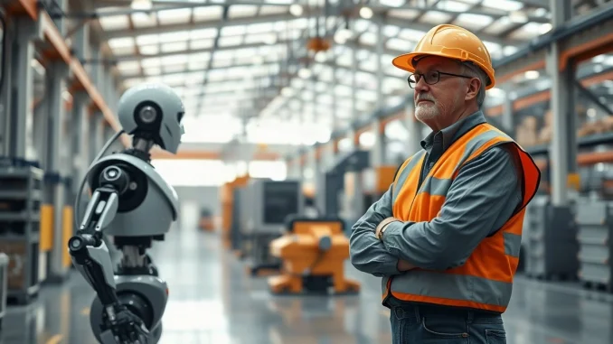 Bill Gates AI policy proposal: a human worker observes a robotic arm in a modern factory, illustrating the robot tax debate.