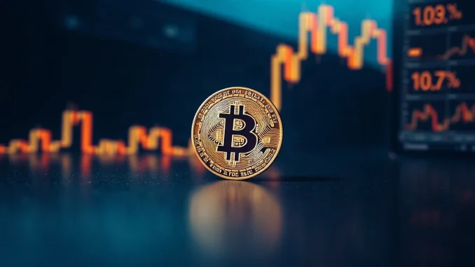 Bitcoin coin in foreground with a glowing price chart in the background, symbolizing a potential new bull market phase.