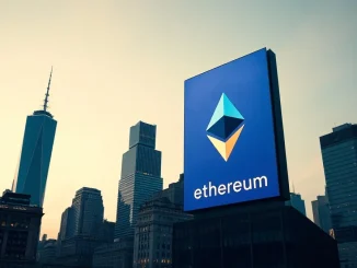 BlackRock ETHA reverse split and staked Ether ETF strategy visual with Ethereum symbol on financial district billboard