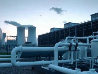Data center with cooling towers and water treatment facility at dusk