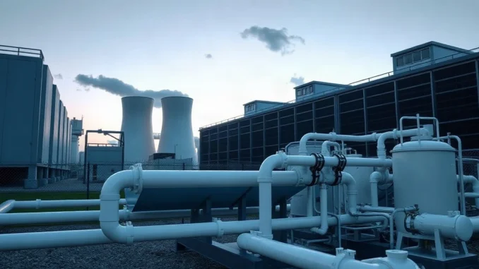 Data center with cooling towers and water treatment facility at dusk