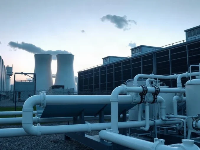 Data center with cooling towers and water treatment facility at dusk