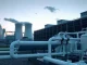 Data center with cooling towers and water treatment facility at dusk
