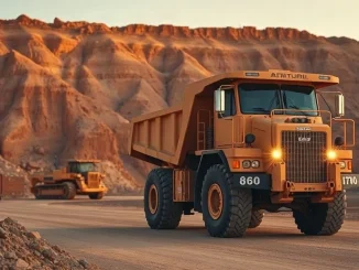 Autonomous haul truck in an open-pit mine at dusk, representing Caterpillar's AI-driven mining automation
