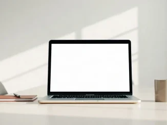 Laptop on a meeting room table displaying a meeting transcription app interface