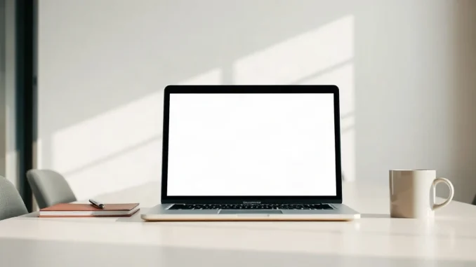 Laptop on a meeting room table displaying a meeting transcription app interface