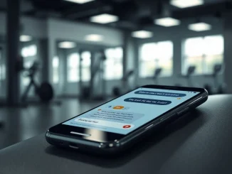 Smartphone displaying a chatbot conversation on a gym bench, representing an AI agent hacking a gym reservation system.