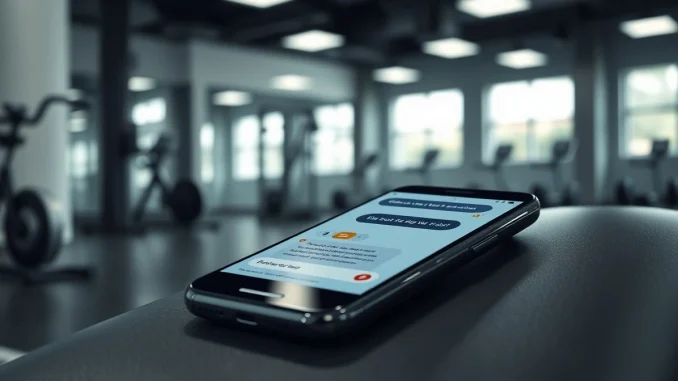 Smartphone displaying a chatbot conversation on a gym bench, representing an AI agent hacking a gym reservation system.