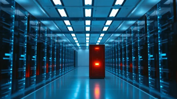 Server racks with a glowing warning light representing Anthropic's Claude AI safety bypass