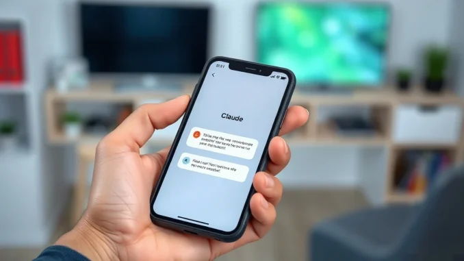 A hand holding a smartphone displaying a Claude chat interface with a faint digital watermark overlay, symbolizing AI content detection.