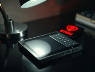 Hardware wallet on a dark surface with a red alert glow, symbolizing the Coldcard exploit.