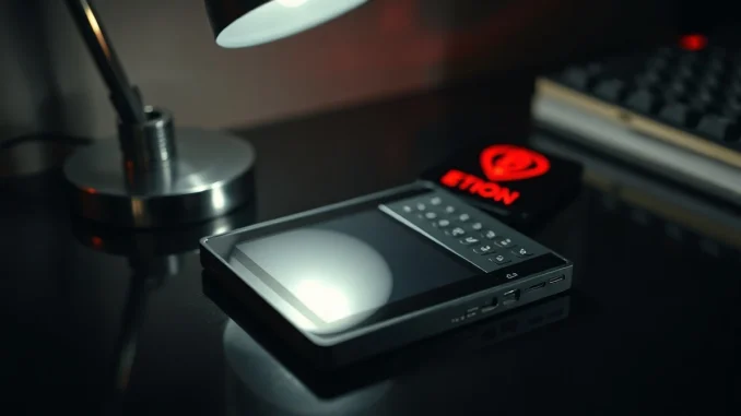 Hardware wallet on a dark surface with a red alert glow, symbolizing the Coldcard exploit.