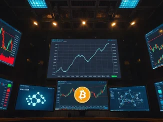 Trading screens showing Bitcoin price charts and blockchain network graphics